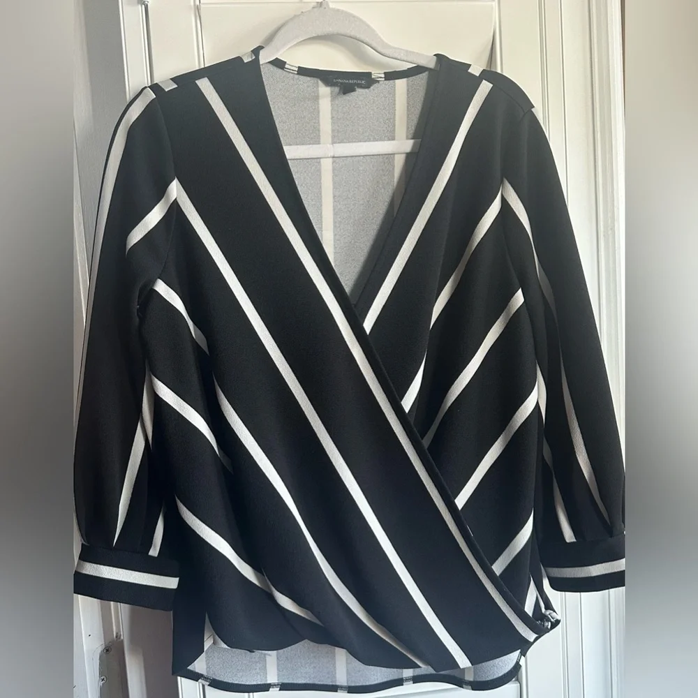 Banana Republic Black White Striped Draped Wrap Front Top
